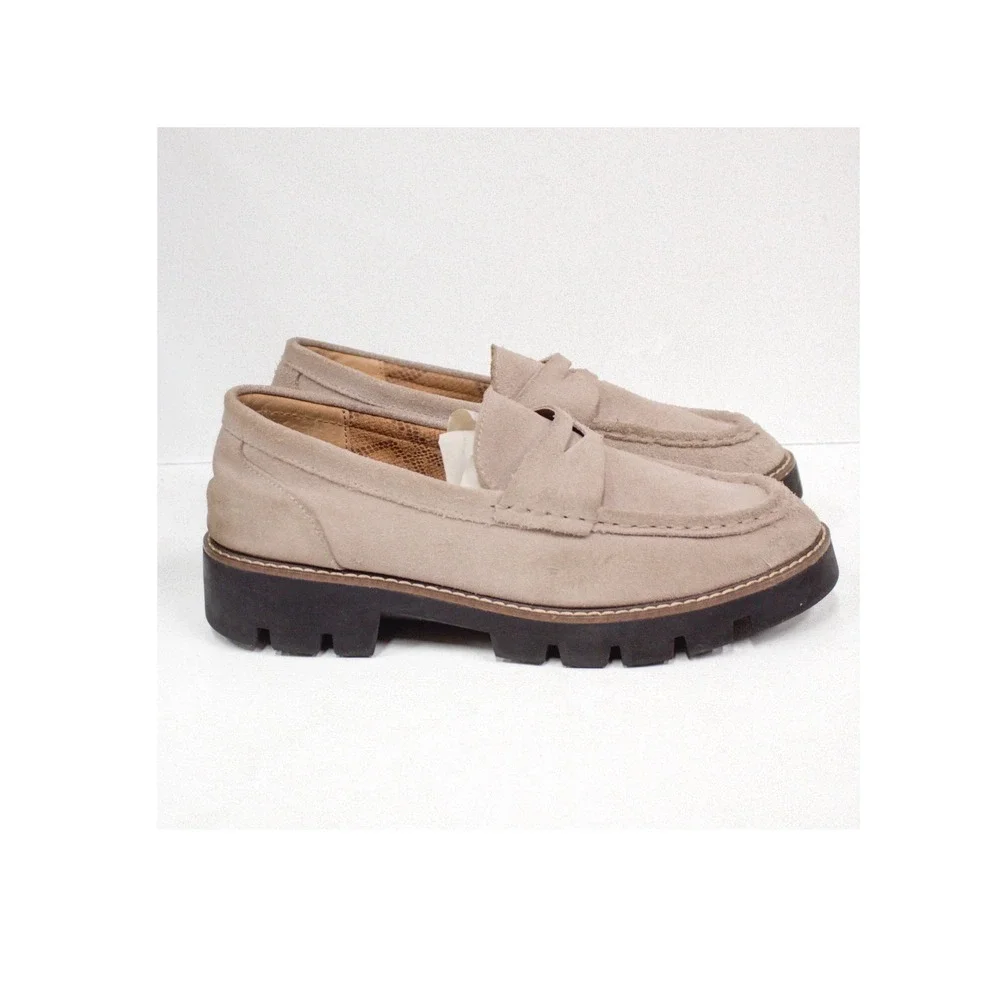House of Harlow 1960 Gunner Penny Loafer Light Taupe Suede Lug Sole 9M-F33527